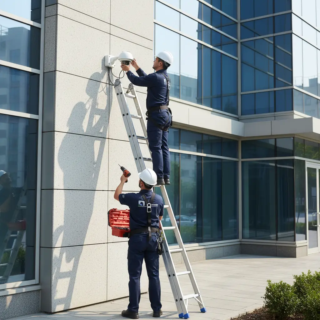 Técnicos instalando câmera de segurança na fachada de um prédio