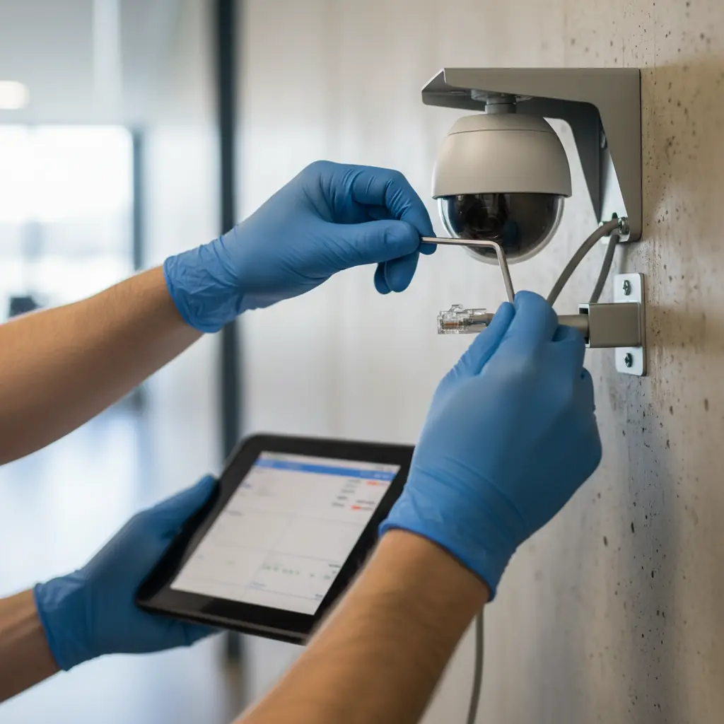 Técnico fazendo manutenção em câmera de segurança